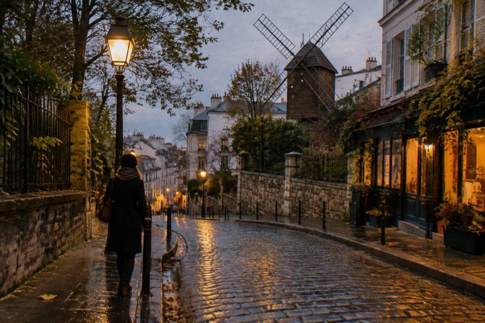 Cobblestone street in Montmartre lit by shop windows and street lamps in the evening