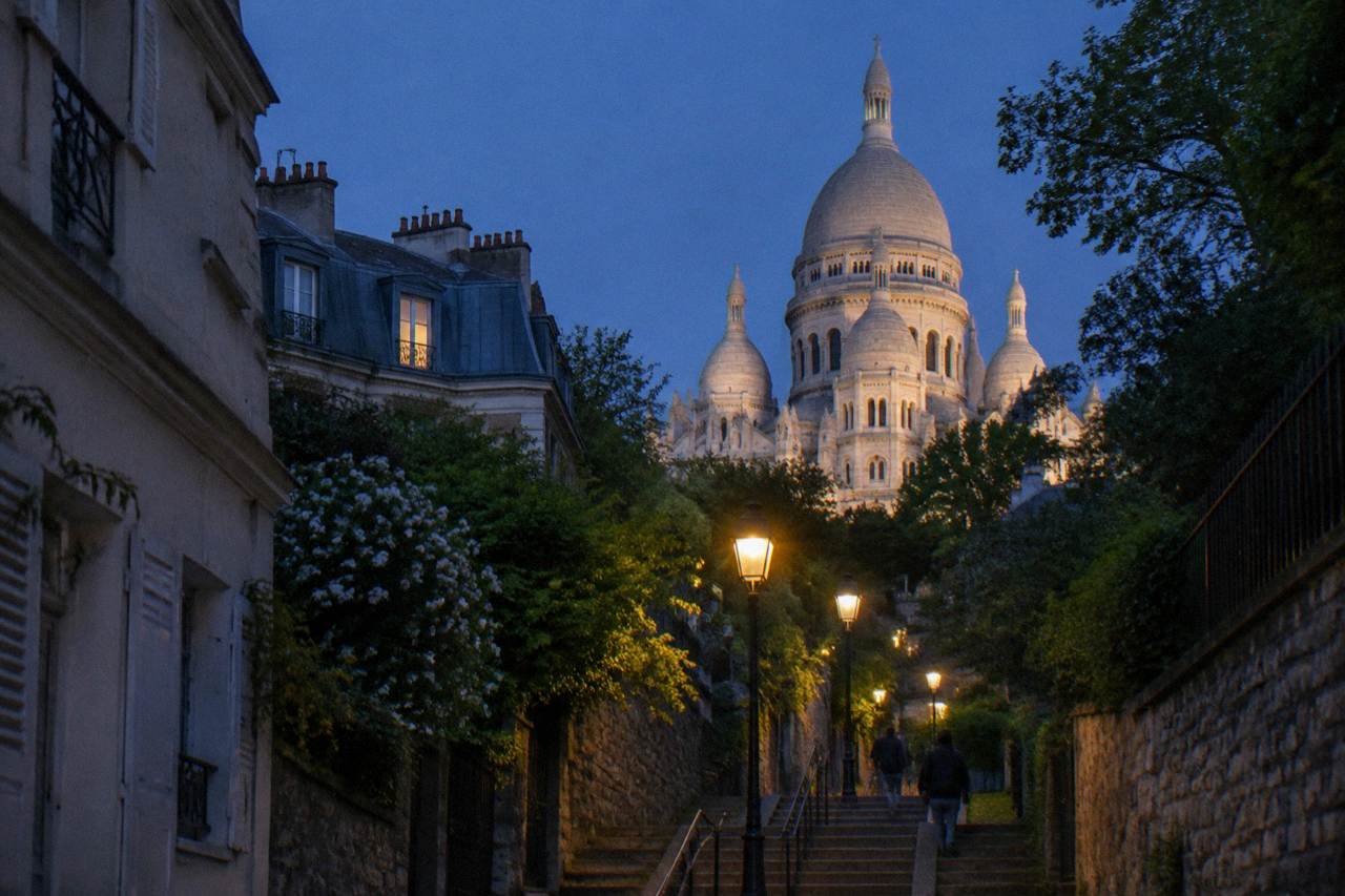 Illuminated Sacre-Coeur basilica seen from the streets below the Montmartre hill at dusk