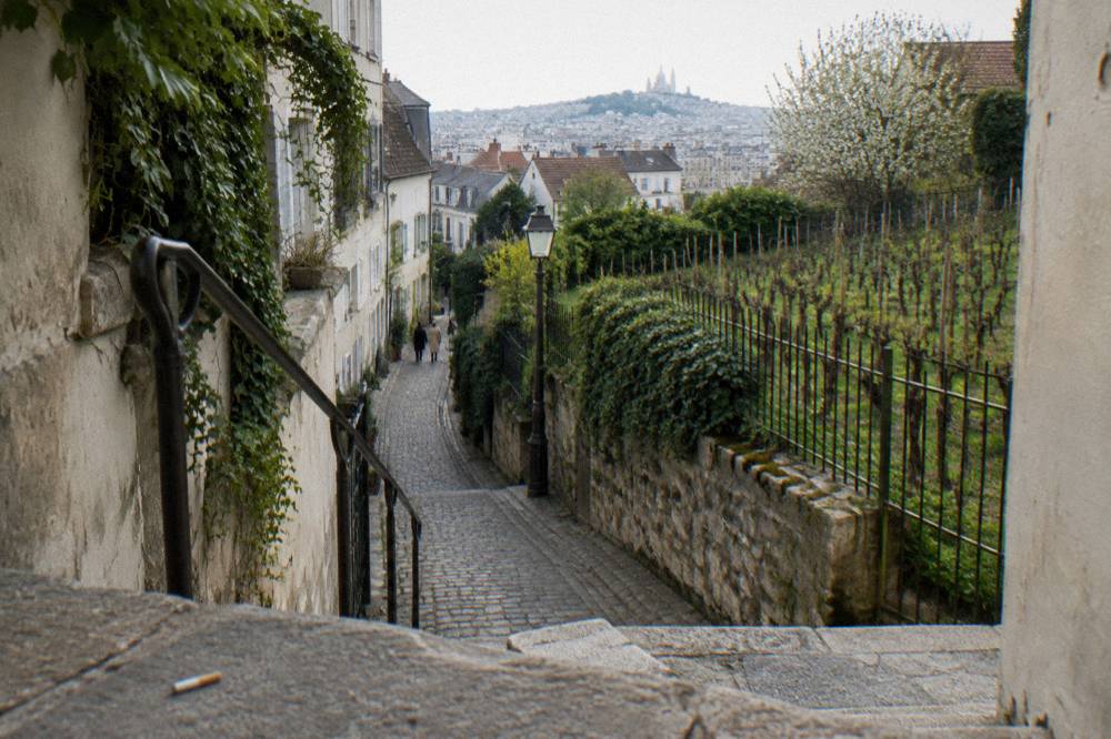 A narrow cobbled Paris lane with ivy-covered walls and stone steps