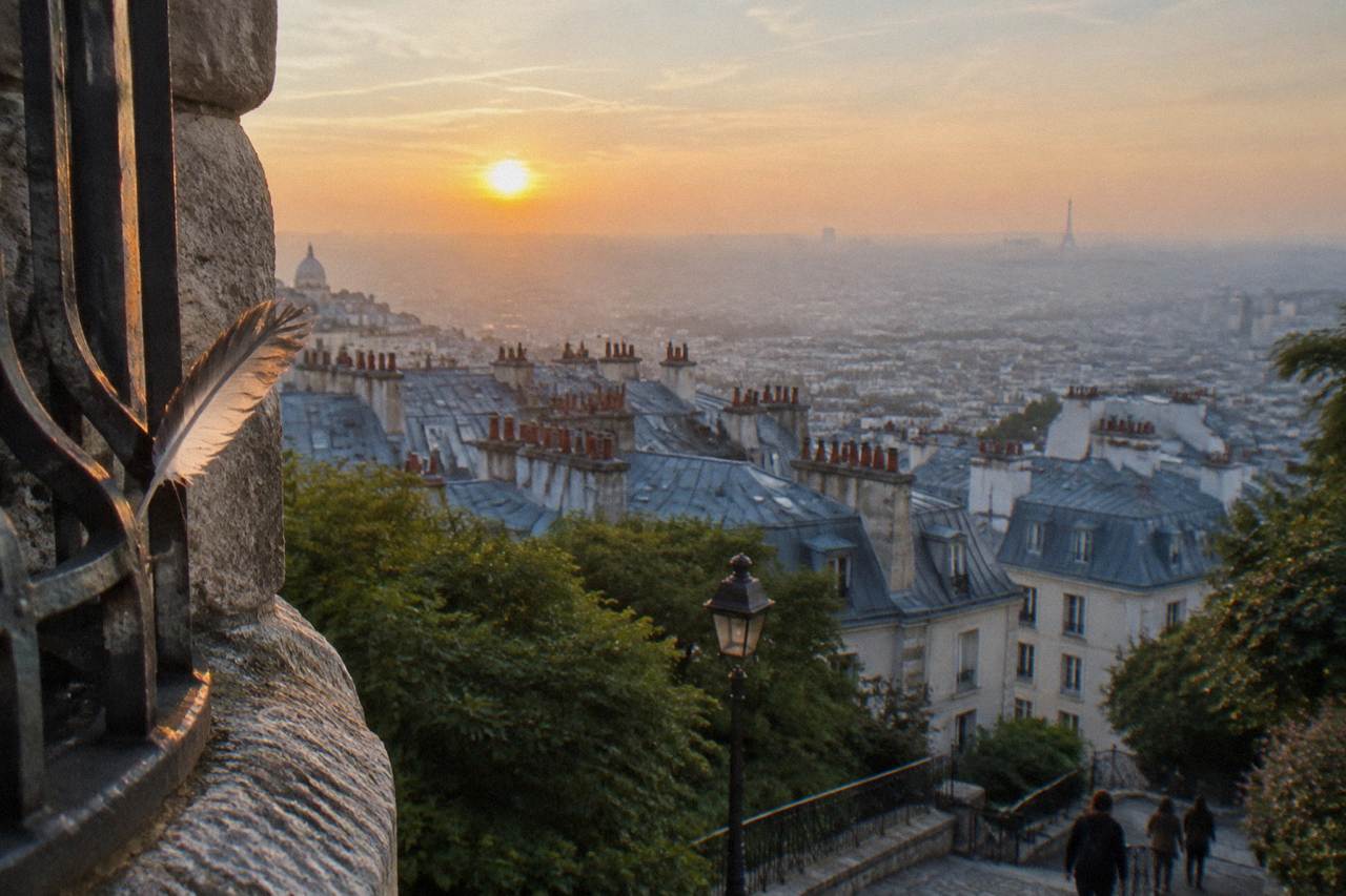 View over Paris rooftops from the dome of Sacre-Coeur basilica on Montmartre hill