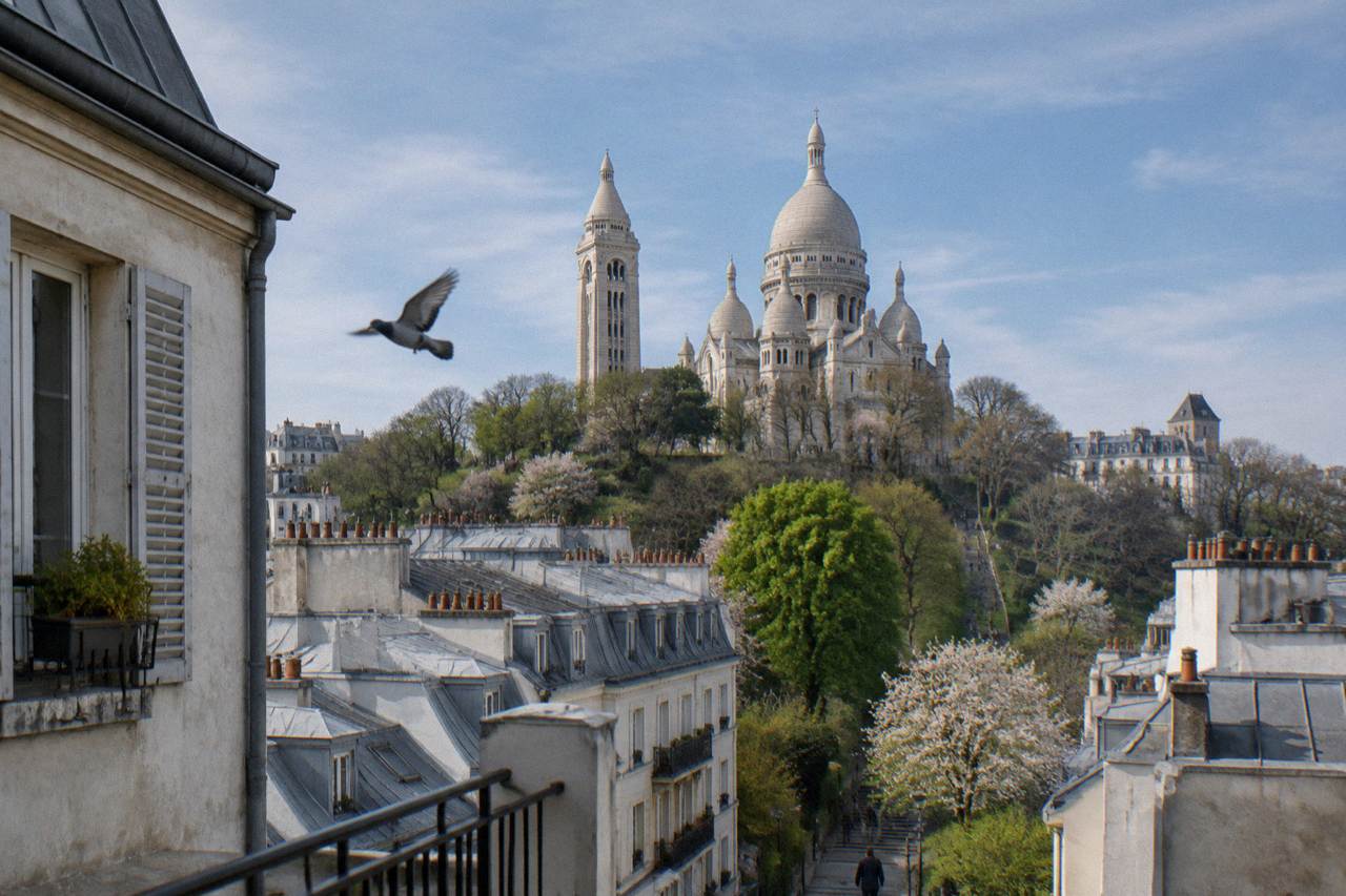 The white domes of Sacre-Coeur basilica rising above Montmartre rooftops in morning light