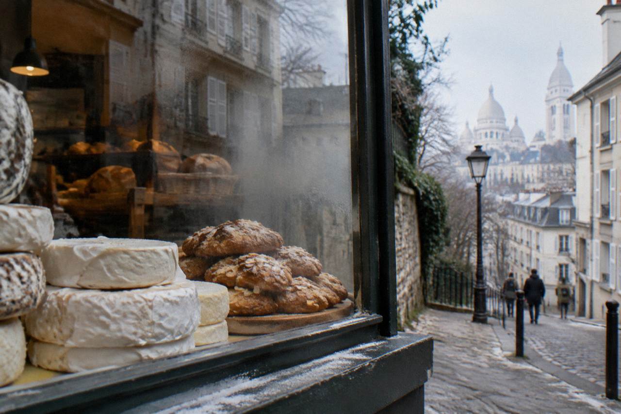 Cheese and pastry displays in a small Montmartre food shop