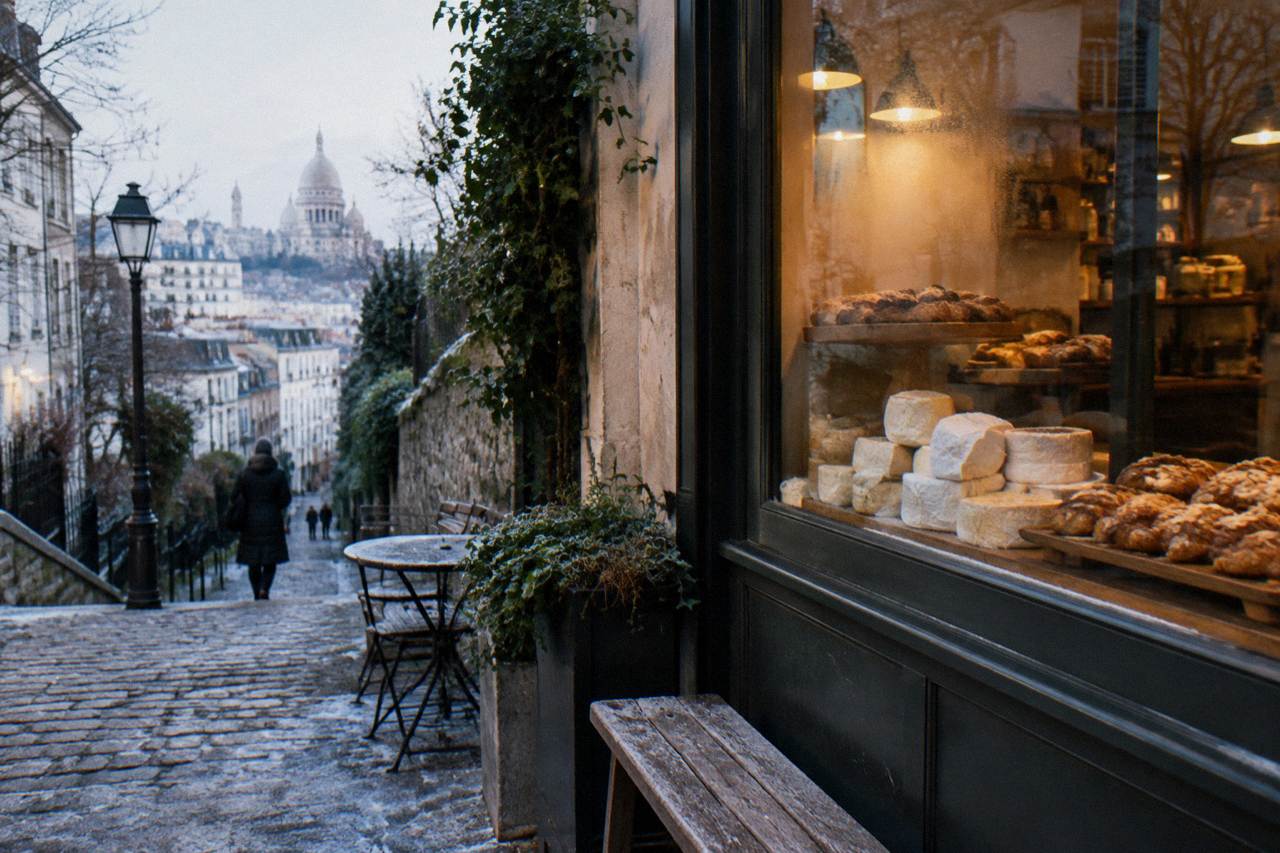 Cheese and pastry displays in a small Montmartre shop window