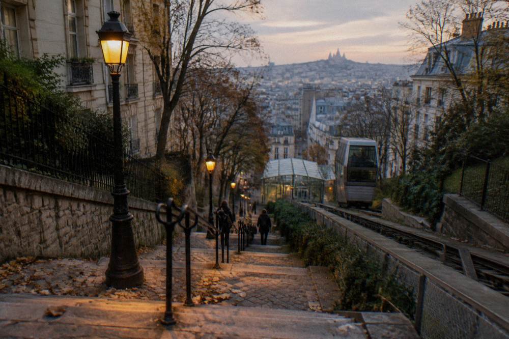 Street lamps and stone steps of a Montmartre lane in late afternoon light