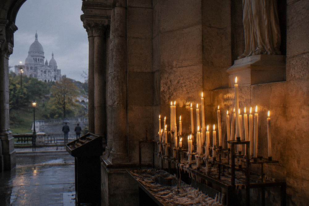 Candles burning in racks inside a dim stone church interior