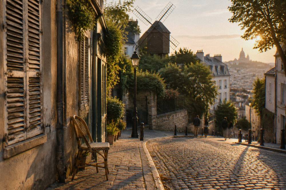 Narrow cobbled lane curving downhill between Montmartre buildings with shutters and shopfronts