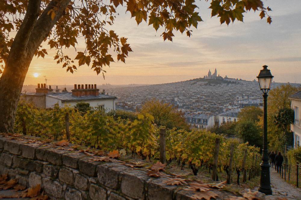 Autumn trees and chimney rooftops of Montmartre seen from a terrace above the city