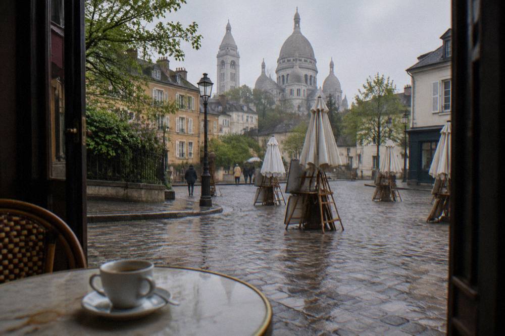 A village square lined with cafe terraces and easels under umbrellas near a basilica