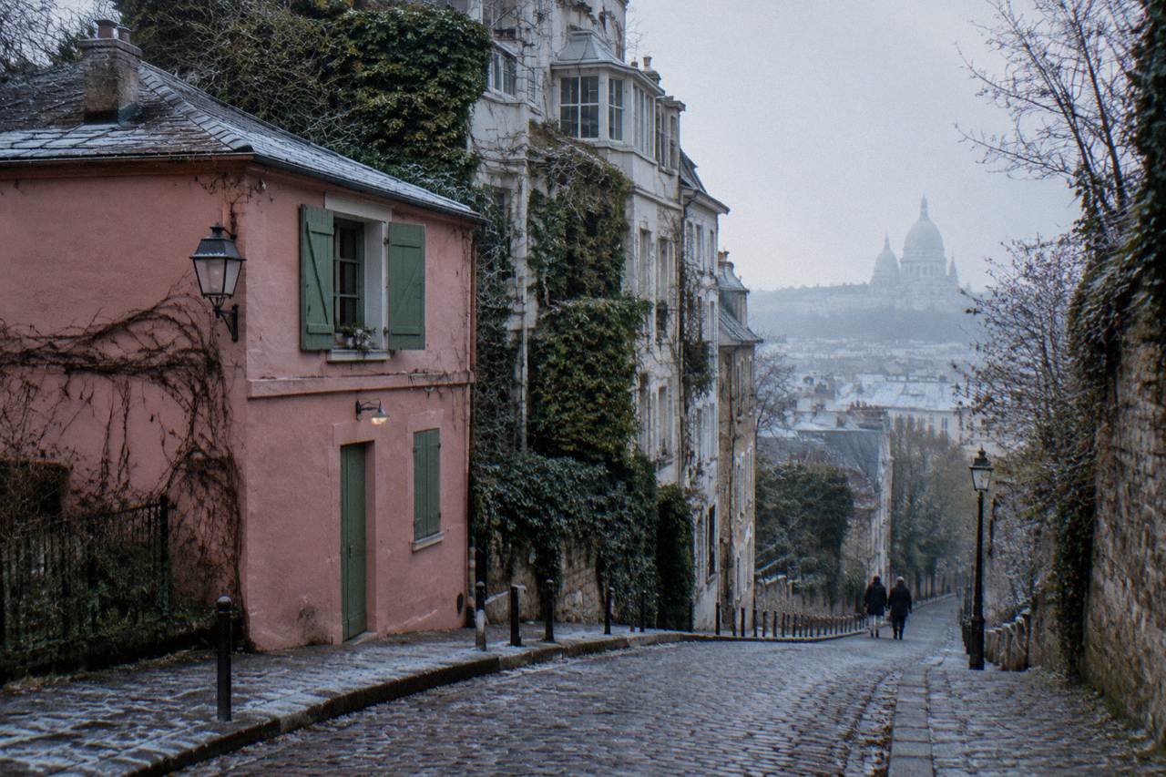 A narrow cobbled Paris street climbing a hill with ivy-covered buildings and small shops