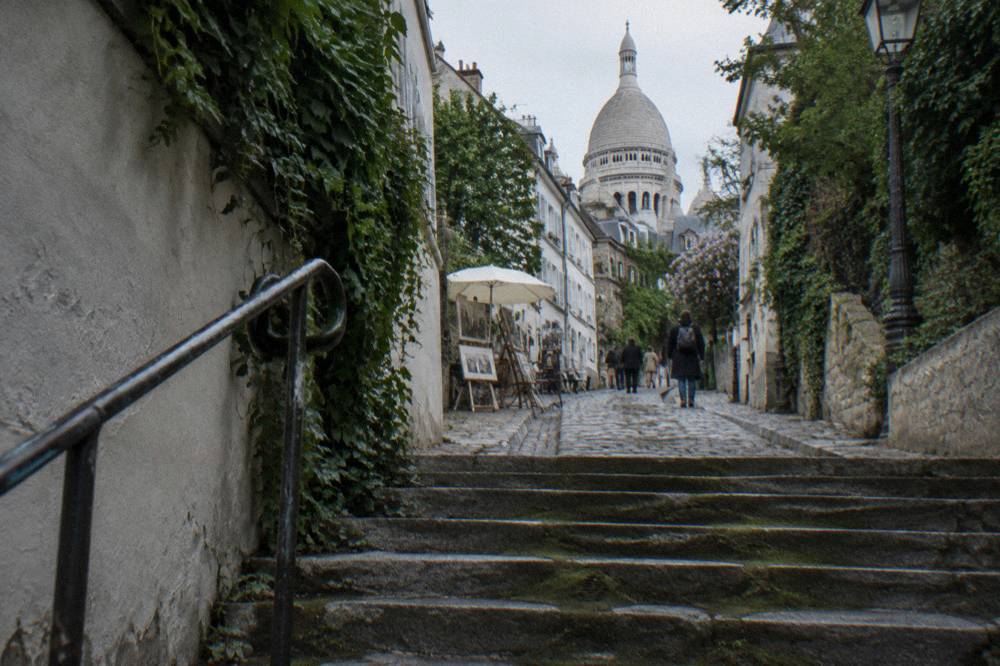 Stone staircase in Montmartre curving upward between ivy-covered walls, worn steps catching daylight