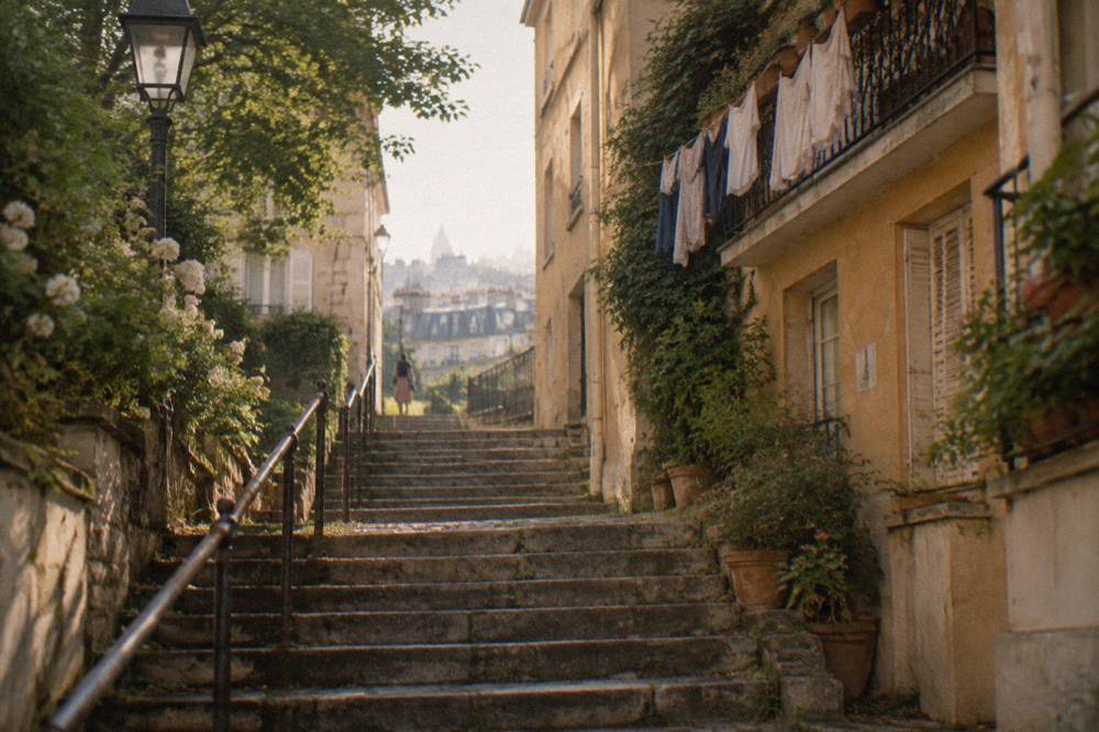 Stone stairway climbing between old houses on the hill of Montmartre with a distant city view