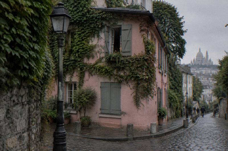 A local guide leading a small group along a cobbled Montmartre street lined with cafes and ivy-covered facades, typical of the neighborhood's guided walking tours past artists' studios and hidden lanes.