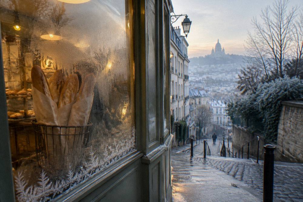 Bakery window with baguettes and pastries on a Montmartre street corner