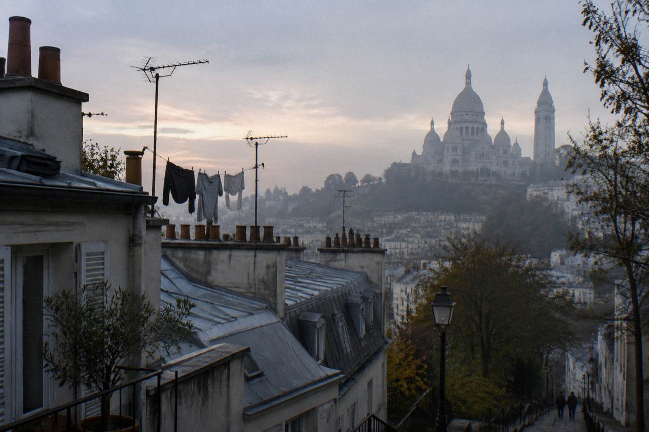 View over Montmartre rooftops toward the Sacre-Coeur basilica at the top of the hill