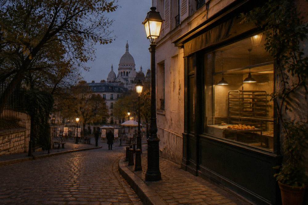 A bakery window glowing warmly onto an empty Montmartre street in the evening