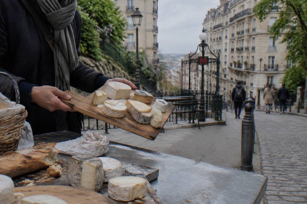 A small group standing at an outdoor cheese counter on a Montmartre street while a guide presents a tasting board