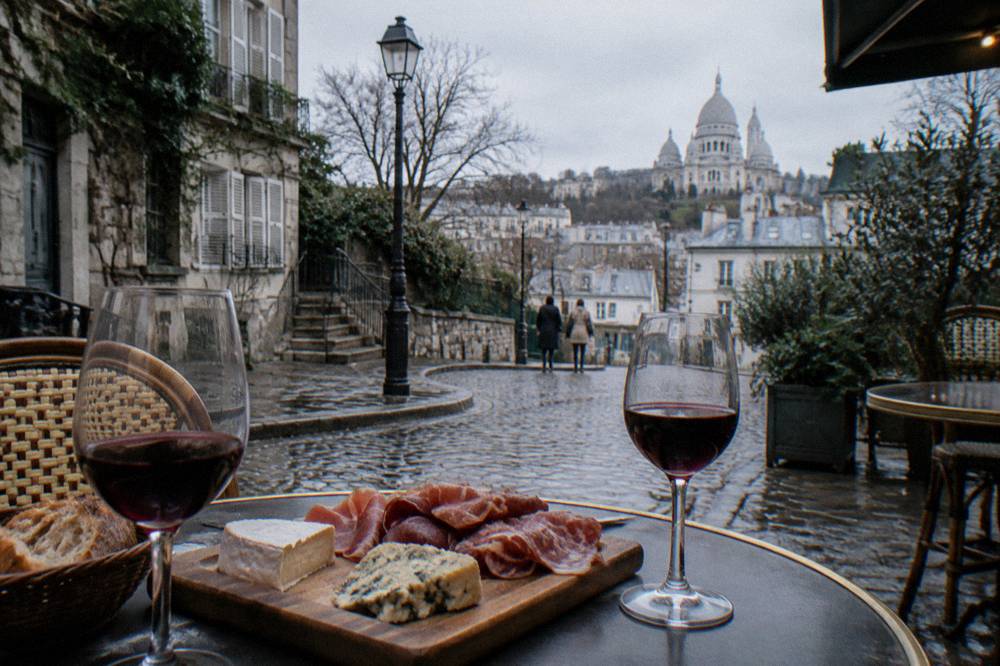 A wooden board with wedges of French cheese, slices of charcuterie and small glasses of red wine on a bistro table