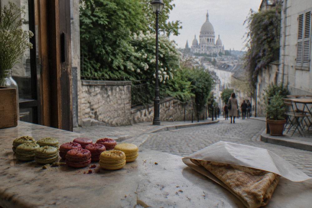 A row of colorful French macarons and a folded crepe on a bakery counter