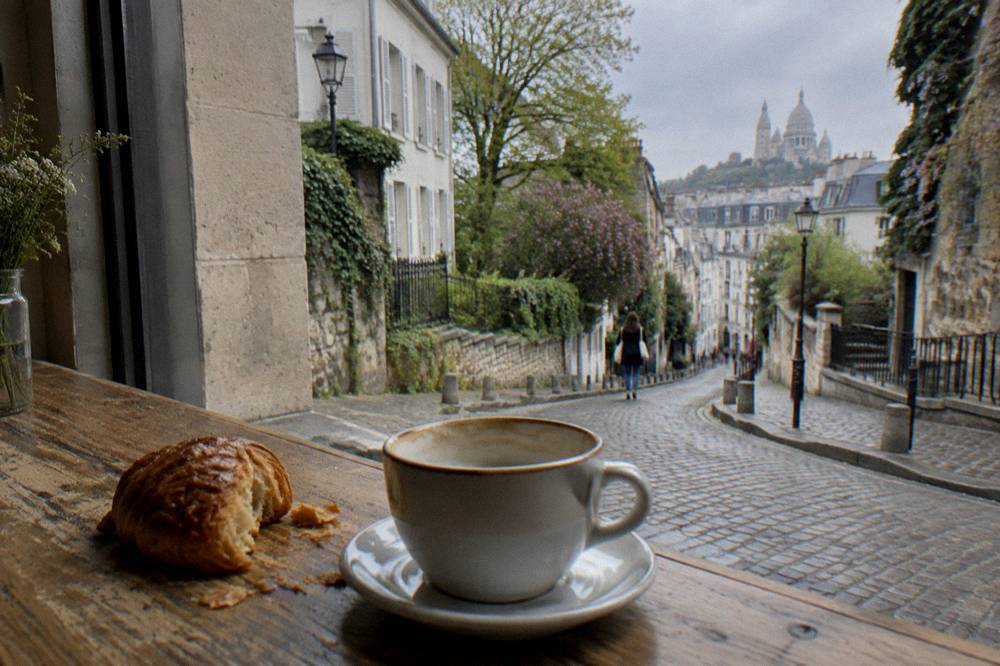 A flaky croissant on a wooden board beside a cup of coffee at a bakery window