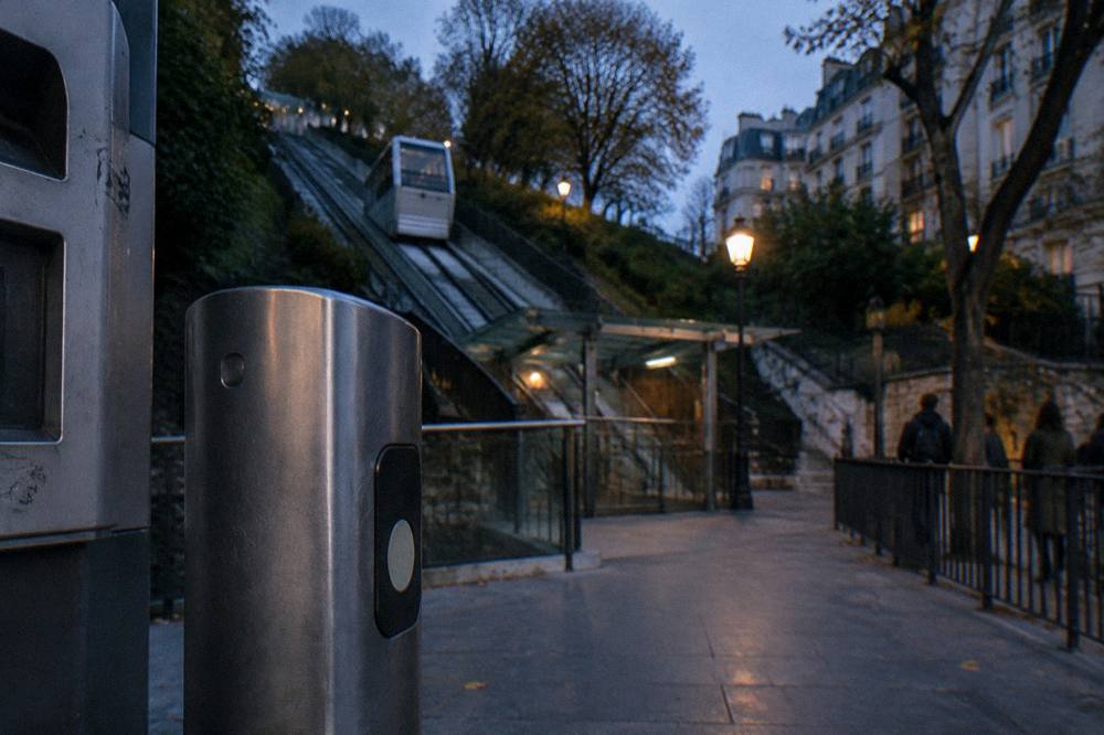 A contactless payment validator at the lower funicular station with the cabins waiting behind