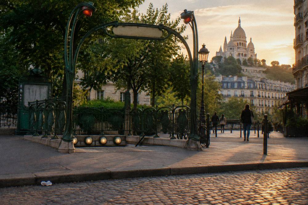 Metro entrance arch at the foot of Montmartre in late afternoon light
