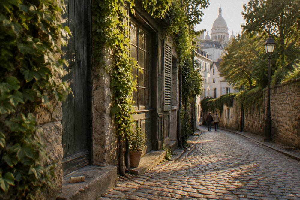 Narrow cobbled lane in Montmartre lined with ivy-covered stone walls and small shops