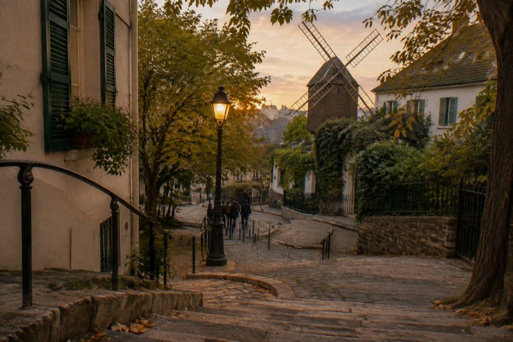 Curving stone stairway between Montmartre houses with lampposts and green shutters