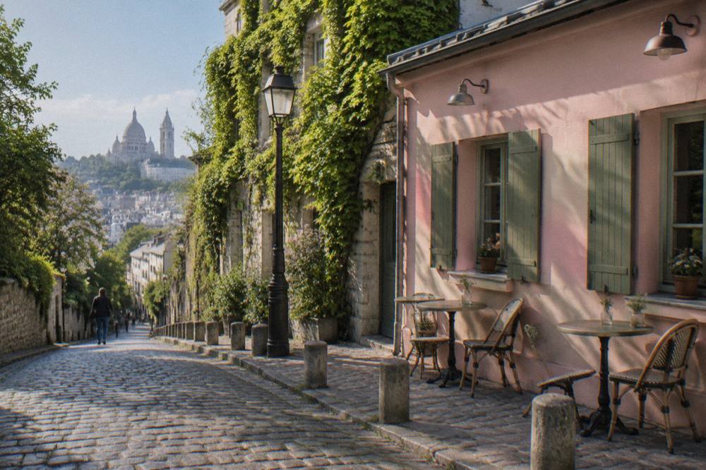A narrow cobbled Montmartre street climbing toward the basilica with cafe tables along the wall