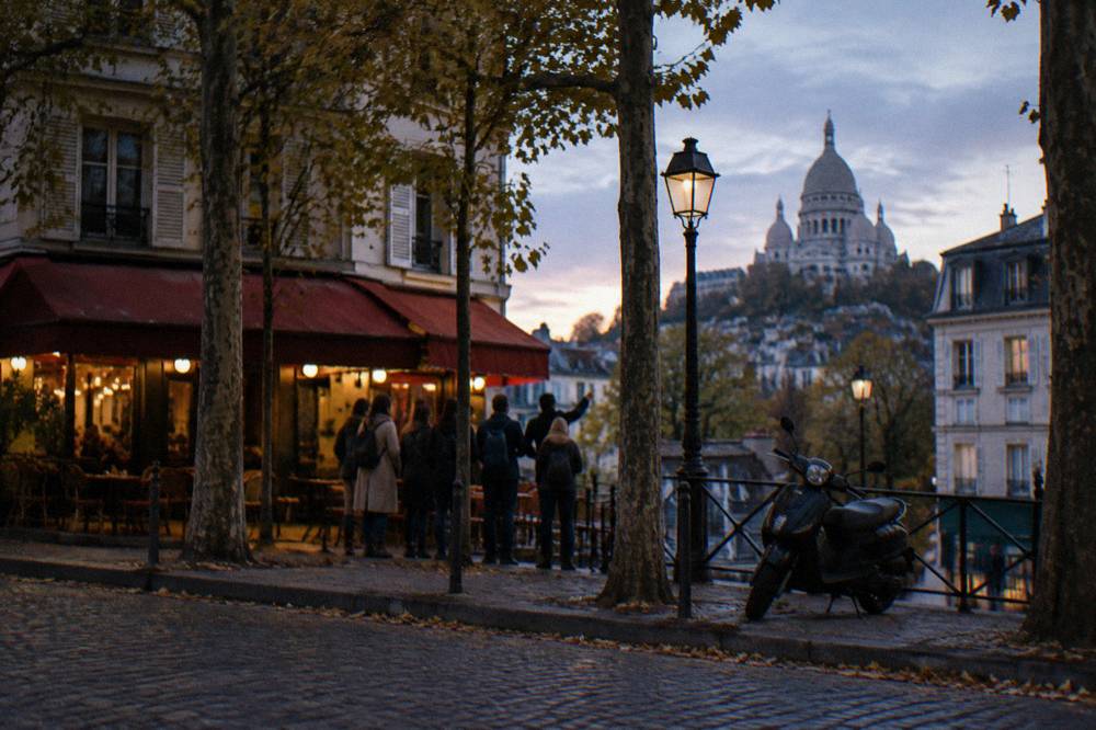 A guide speaking to a small group on a Paris sidewalk near an ornate theatre entrance
