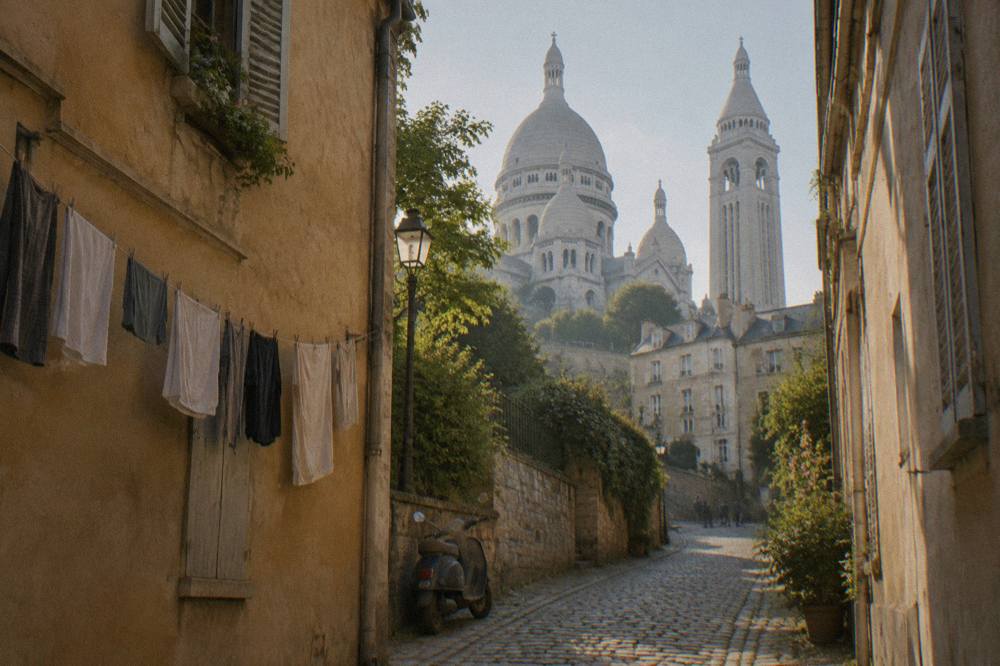 White domes of the Sacre-Coeur basilica seen from a Montmartre side street