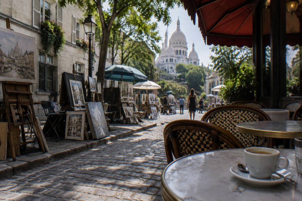Artists' easels and cafe terraces lining the cobblestones of Place du Tertre